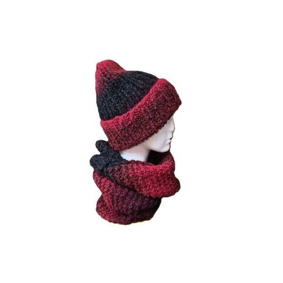 Handmade Alpaca Wool Hat & Snood Set – Red Burgundy Black Soft Chunky Warm Ombre - Picture 2 of 7